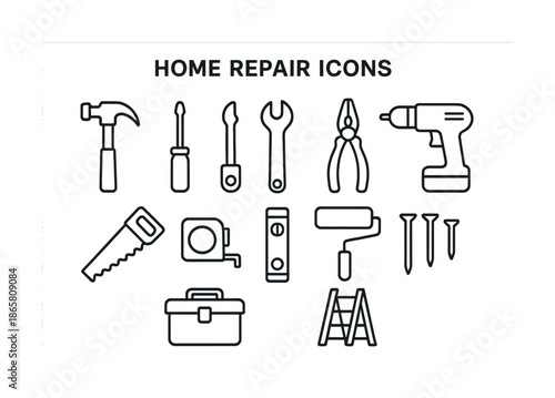 Home repair tool icons: hammer, screwdriver, wrench, pliers, drill, saw