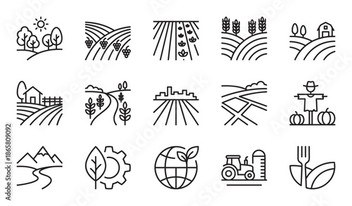 Set of black line icons depicting agriculture, farming, and rural landscapes with various symbols like a tractor, vineyard, wheat field, and barn in a minimalist outline illustration style