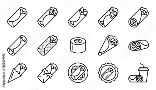 Set of burrito and shawarma line icons showing various types of wraps, including filled tortilla rolls, food on a plate, and a meal combo with a drink for a fast food menu