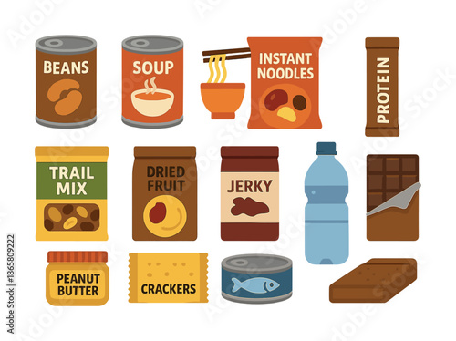 Assorted non-perishable food items: beans, soup, noodles, and snacks illustration