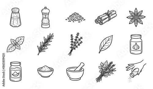 Set of hand-drawn spice and herb icons featuring salt, pepper, cinnamon, rosemary, and basil in a black and white doodle style illustration for cooking and culinary concepts