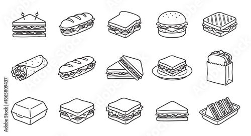 Collection of hand-drawn sandwich icons featuring various types of fast food like burgers, subs, wraps, and paninis in a simple black and white line art doodle style