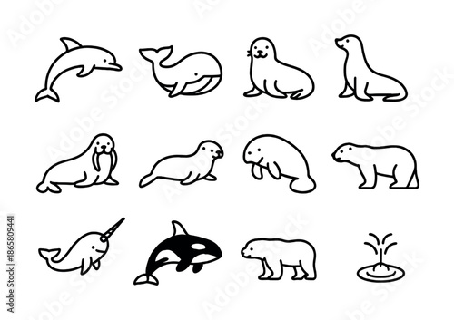 Outline illustrations of marine and polar animals: whales, seals, walrus, polar bear