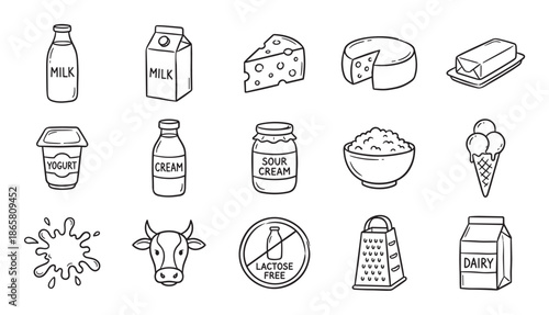 Hand-drawn dairy product icons collection featuring milk, cheese, yogurt, butter, cream, and ice cream in a simple black and white line art doodle illustration set