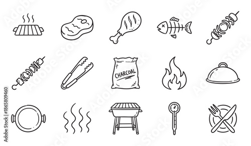 Hand-drawn set of barbecue grilling icons in a simple doodle style, featuring a grill, steak, chicken, fish, kebab, charcoal, and various cooking tools for a picnic or party