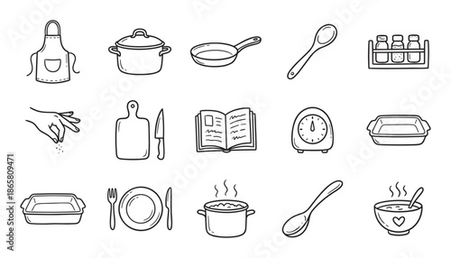 Set of hand-drawn kitchen icons featuring an apron, pot, frying pan, recipe book, and other culinary utensils in a simple black and white doodle line art illustration style