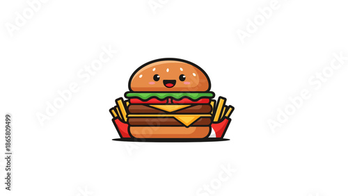 Cute Kawaii Double Cheeseburger with French Fries Cartoon Character.