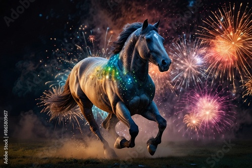 Elegant Horse Running Amid Fireworks Display