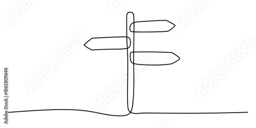 Continuous line drawing of a signpost indicating multiple directions and choices ahead
