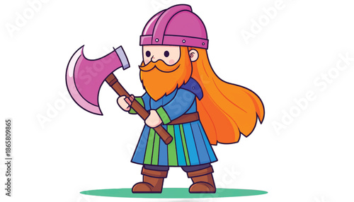 Cartoon Viking Warrior with Axe Ready for Battle.