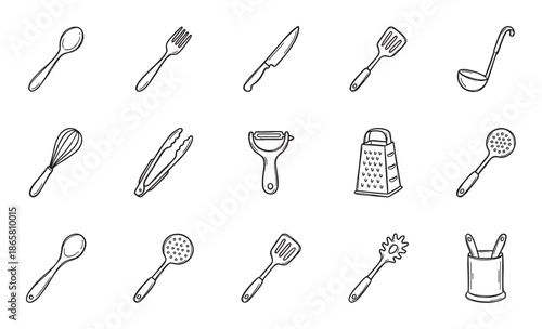 Set of black and white kitchen utensils including a spoon, fork, knife, spatula, and grater in a simple hand-drawn doodle style illustration