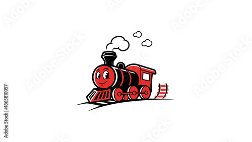 Cute Red Cartoon Train with Smiling Face and Smoke.