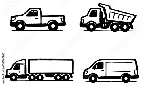 Hand drawn line art commercial vehicles set featuring a pickup truck, dump truck, semi trailer truck, and cargo van for transportation and logistics