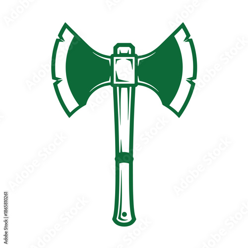 Green double sided axe with handle on transparent background