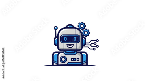 Cute Robot Head with Gears and Circuitry Illustration.