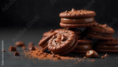 Close-up chocolate cream biscuits on dark background. Brown crispy cookies with creamy chocolate filling, delicious sweet dessert, perfect for snack or confectionery concept.