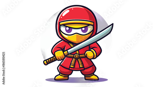 Cartoon Ninja Character with Sword Ready for Action.