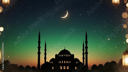 Mosque Silhouette with Crescent Moon and Lantern Bokeh Background