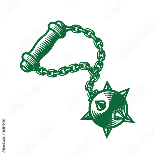 Green flail weapon with chain and spiked ball on white background  medieval combat tool