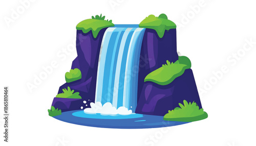 Cartoon Waterfall Scene with Lush Greenery and Blue Water.