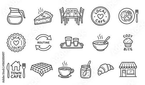 Set of hand-drawn cafe icons in a charming black and white doodle style, featuring a coffee pot, pie, croissant, soup, and other restaurant and breakfast elements