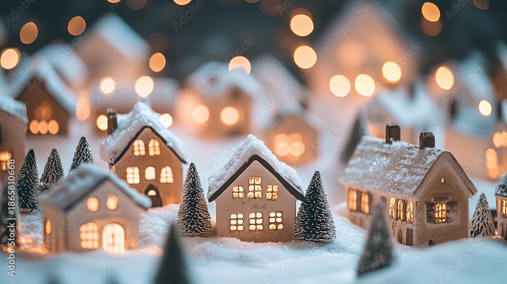 Fototapeta premium Small holiday village with snowy rooftops, Christmas lights shining .