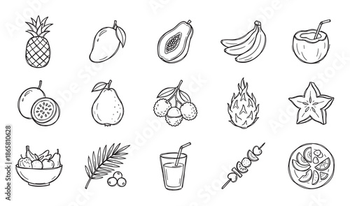 Hand-drawn black and white tropical fruit icons featuring pineapple, mango, papaya, banana, and coconut in a simple doodle sketch style for design elements and healthy eating concepts