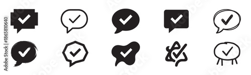 Collection of black checkmark speech bubble icons in various styles from geometric to hand-drawn, representing approval, confirmation, and successful communication for UI design