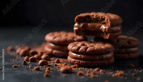 Close-up chocolate cream biscuits on dark background. Brown crispy cookies with creamy chocolate filling, delicious sweet dessert, perfect for snack or confectionery concept.