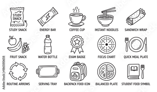 Collection of hand-drawn student life icons showing study snacks, meals, and educational symbols in a simple black and white line art doodle style for exam preparation concepts