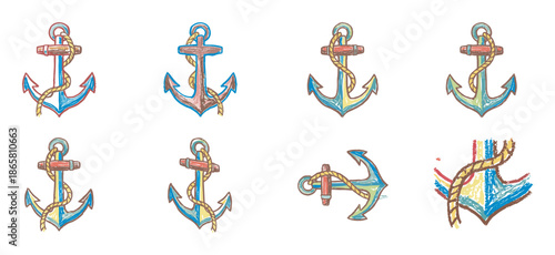 Collection of eight hand-drawn anchors with ropes in a colorful sketch style, showcasing various nautical designs with a rustic and artistic crayon texture for maritime themes