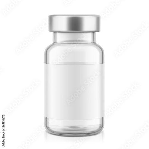 Realistic clear glass bottle for injections mockup. Vector illustration isolated on white background. Can be use for medicine, cosmetic and other. Ready for your design. EPS10.