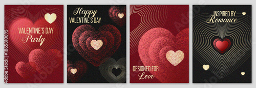Luxury Creative Trendy Valentine’s Day Concept Set featuring Line-Art and Filled Heart Shapes with Soft Stipple Grain Noise Effects