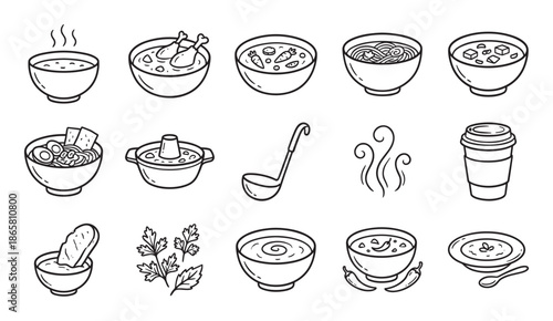 Collection of hand-drawn soup icons featuring various bowls of hot meals like ramen, chicken noodle, and spicy broth in a simple black and white doodle line art illustration style