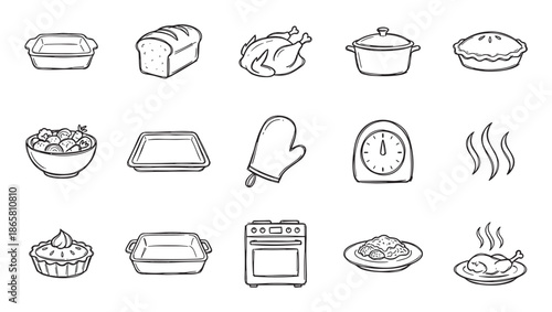 Collection of hand-drawn cooking icons featuring various kitchenware and food items like a roasted chicken, pie, bread, and an oven, presented in a simple black and white doodle style