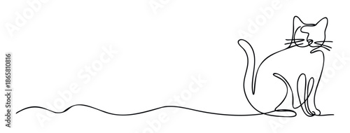 Simple continuous line drawing of a sitting cat with a fluid tail, perfect for minimalist branding, pet related marketing, or modern graphic elements for projects.