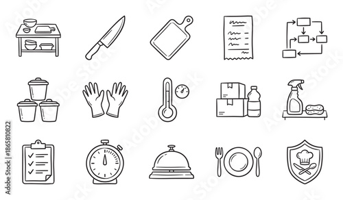 Hand-drawn icon set for food safety and kitchen management, featuring doodle illustrations of HACCP principles, hygiene, cooking, and restaurant operations in a simple line art style