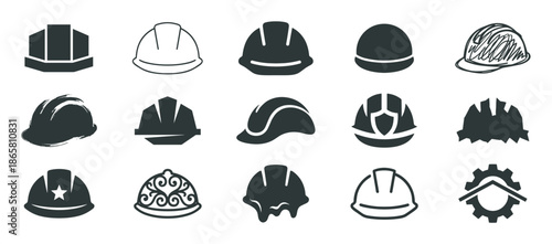 Diverse set of hard hat icons and pictograms showcasing various styles like simple silhouettes, line art, and abstract glyphs for construction and industrial safety themes