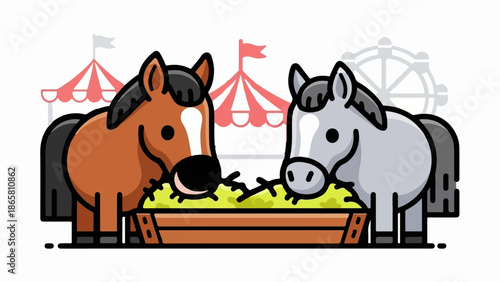 Two stylized ponies munching on hay in front of a carnival-style tent and Ferris wheel