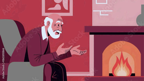 Flat vector illustration of an elderly man sitting in an armchair and telling Christmas stories by an indoor fireplace