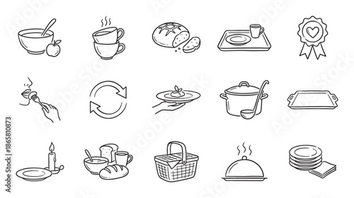 Set of hand-drawn food and dining icons in a simple black and white doodle style, featuring various meal, cooking, and service symbols like a pot, bread, and cloche