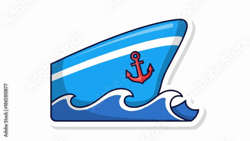 A stylized blue ship bow with a red anchor cuts through blue waves under a white stripe