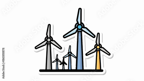 Stylized illustration of multiple wind turbines of varying sizes on a white background