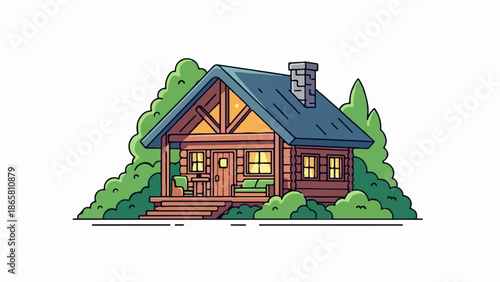 A cozy, lit cabin surrounded by lush green bushes