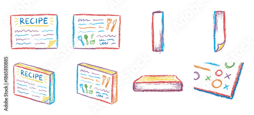 Hand drawn colorful crayon illustration set of recipe books, menus, and culinary notes in a playful, childlike doodle style with a textured, chalk-like effect