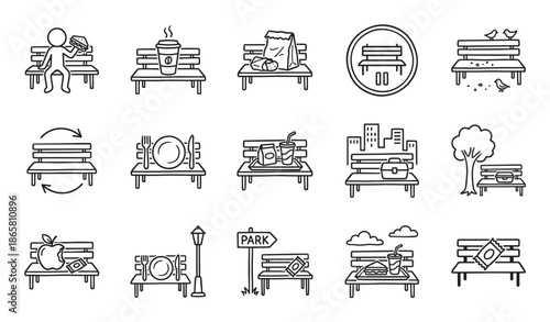Collection of park bench line icons illustrating outdoor activities like eating lunch, a coffee break, and relaxing in a simple, hand-drawn doodle style for various design concepts
