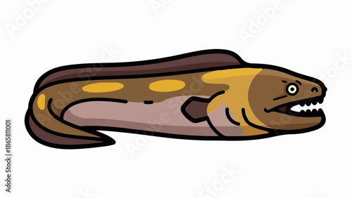 A brown and yellow cartoon eel with sharp teeth and round eyes