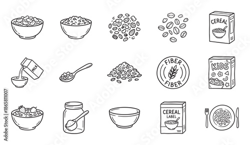 Hand-drawn breakfast cereal icon set collection with various doodle-style illustrations of bowls, milk, spoons, boxes, and flakes for a healthy morning meal concept