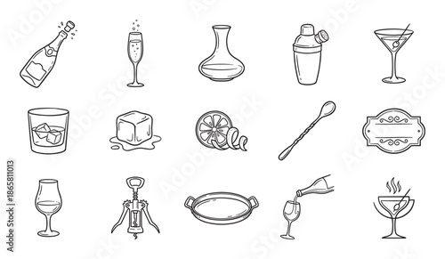 Collection of hand-drawn bar icons featuring a champagne bottle, cocktail shaker, wine glass, and other alcoholic beverage elements in a simple black and white line art style