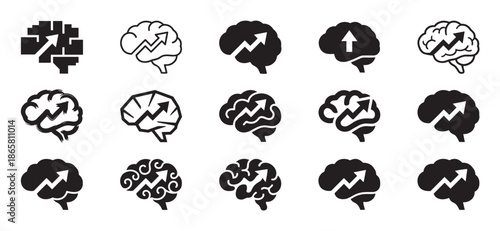 Collection of black brain icons with upward arrows symbolizing growth, intelligence, and mindset improvement in various minimalist graphic styles like silhouette and outline